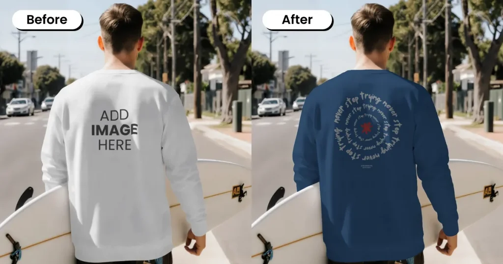 Summer street lifestyle sweatshirt mockup with surfboard