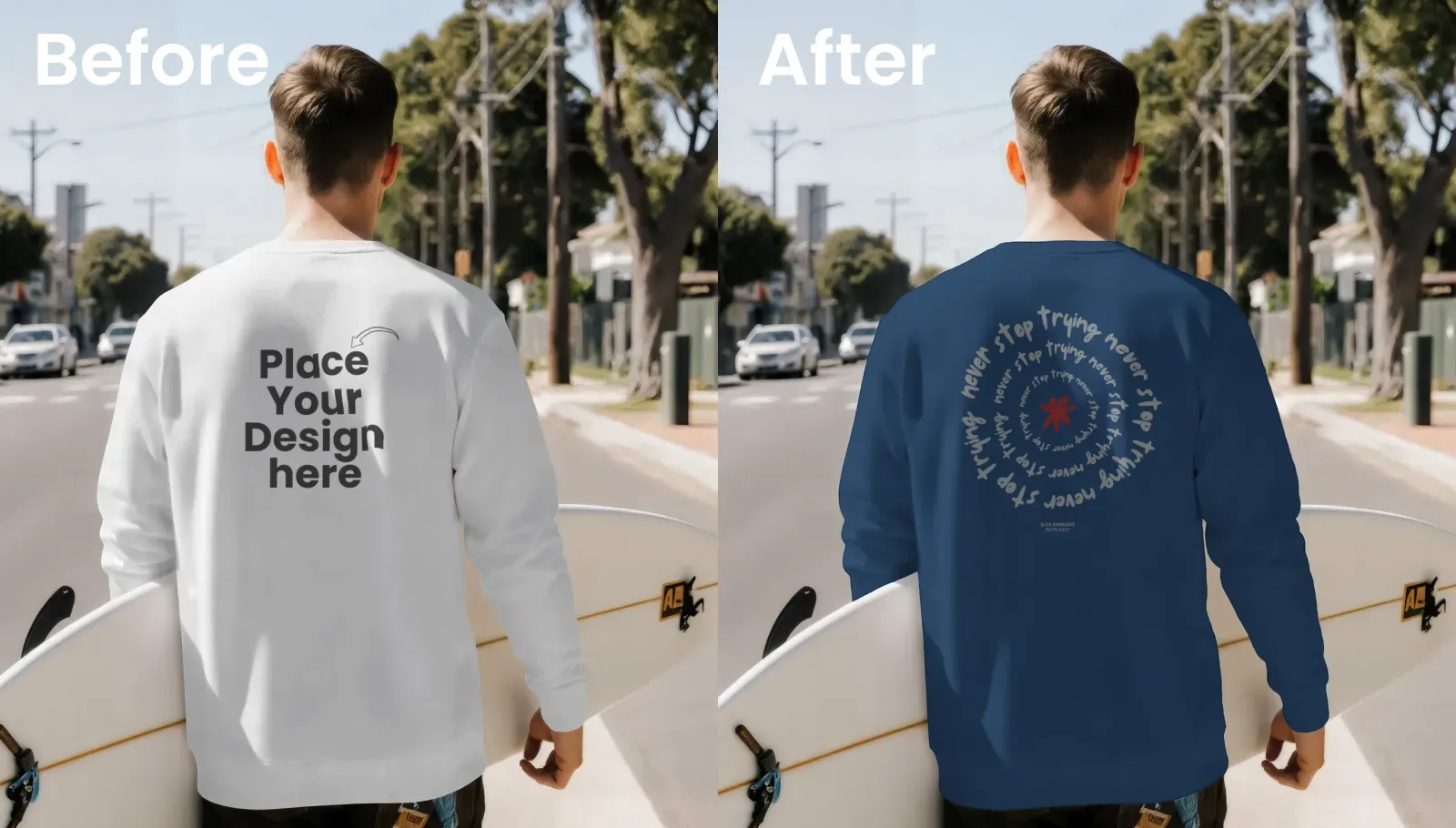 Summer street lifestyle sweatshirt mockup with surfboard