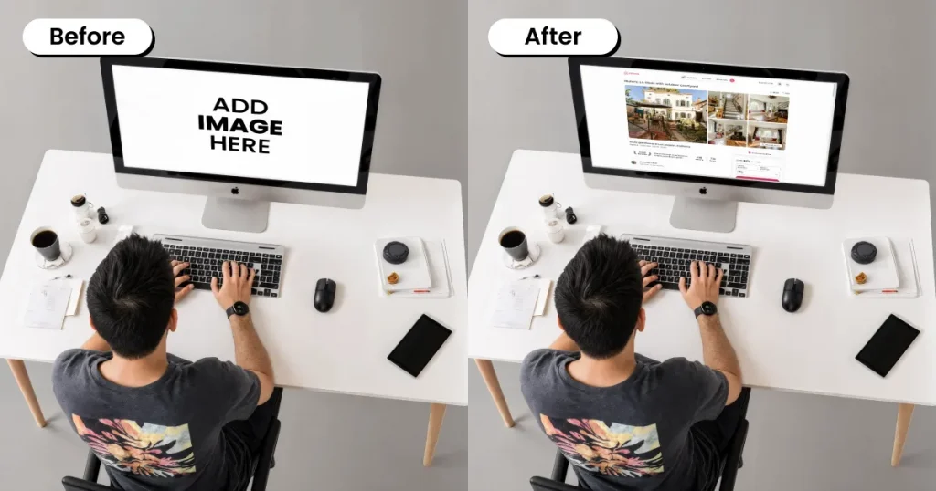 Top angle view of iMac mockup featuring a person