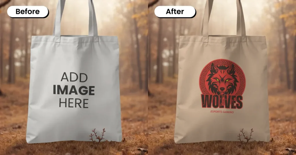 Tote bag mockup template in a misty forest