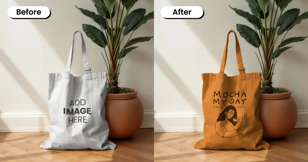 Tote bag mockup next to a tall indoor plant