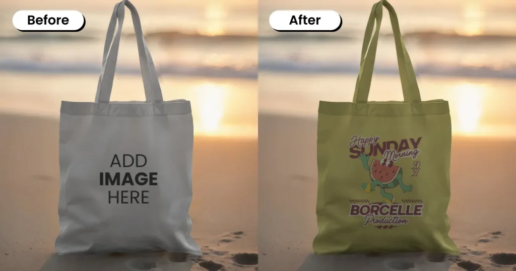 Tote bag mockup with a sunset ocean background