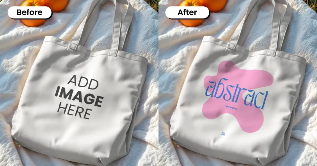 Tote bag mockup on a white fleece blanket with oranges