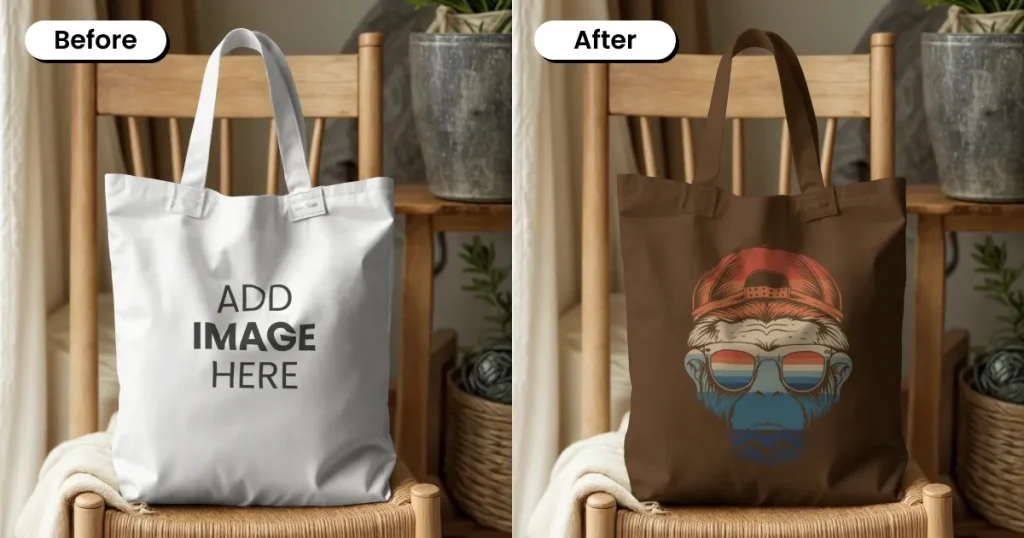 Canvas tote bag mockup on a wooden chair