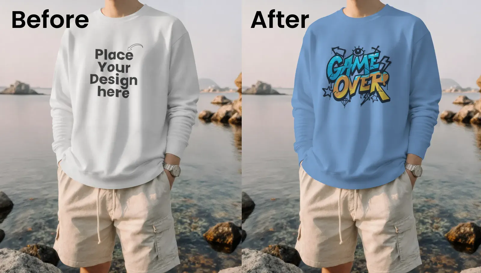Waterfront casual sweatshirt mockup for gentle style