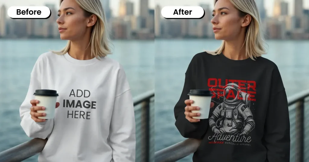 Waterfront lifestyle sweatshirt mockup for everyday wear