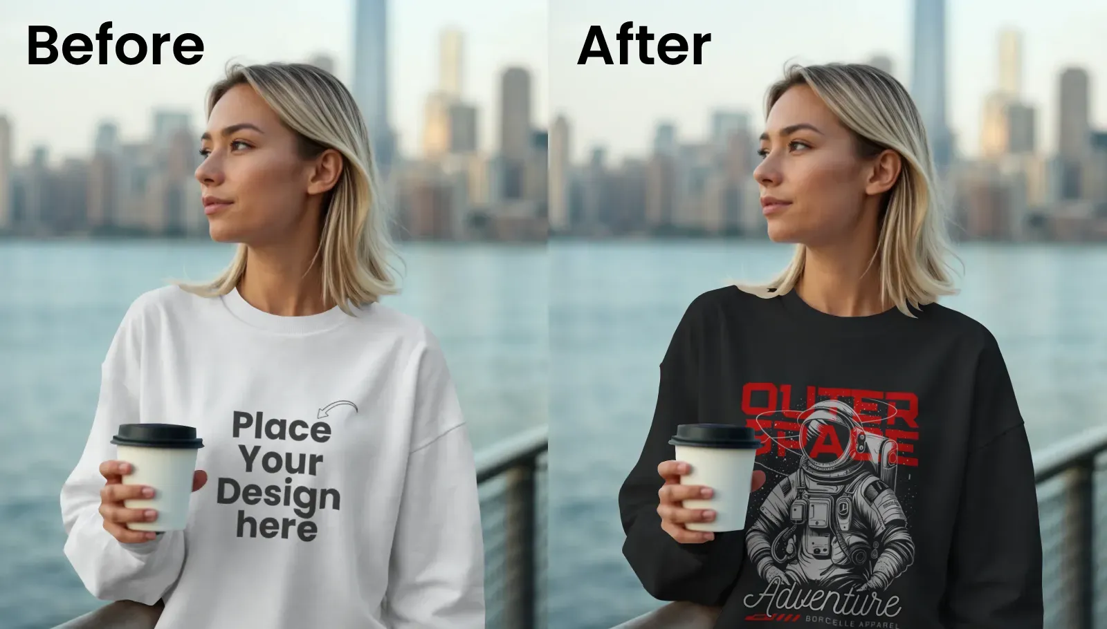 Waterfront lifestyle sweatshirt mockup for everyday wear