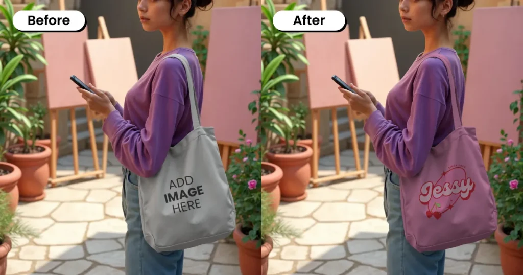 Woman carrying tote bag mockup in an artistic courtyard