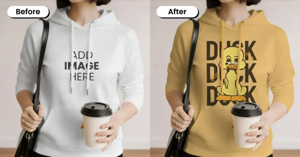 woman holding coffee hoodie mockup template