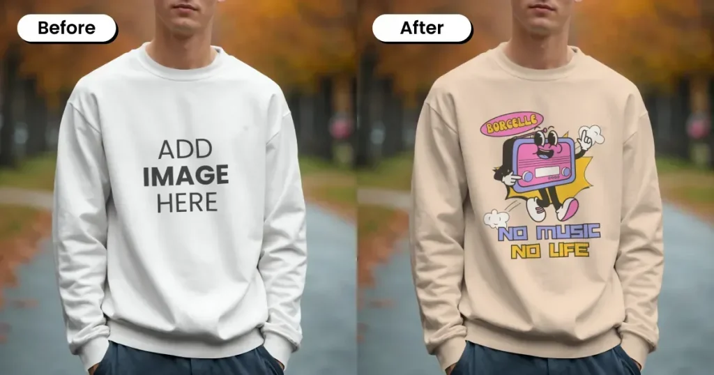 Young man wearing a sweatshirt mockup in autumn background
