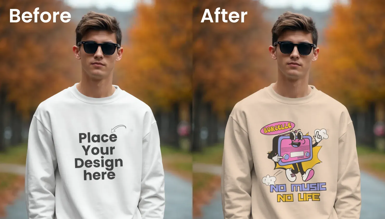 Young man wearing a sweatshirt mockup in autumn background
