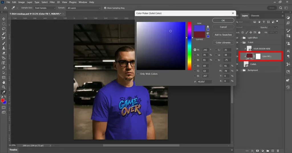 change the t-shirt color of the PSD t-shirt mockup