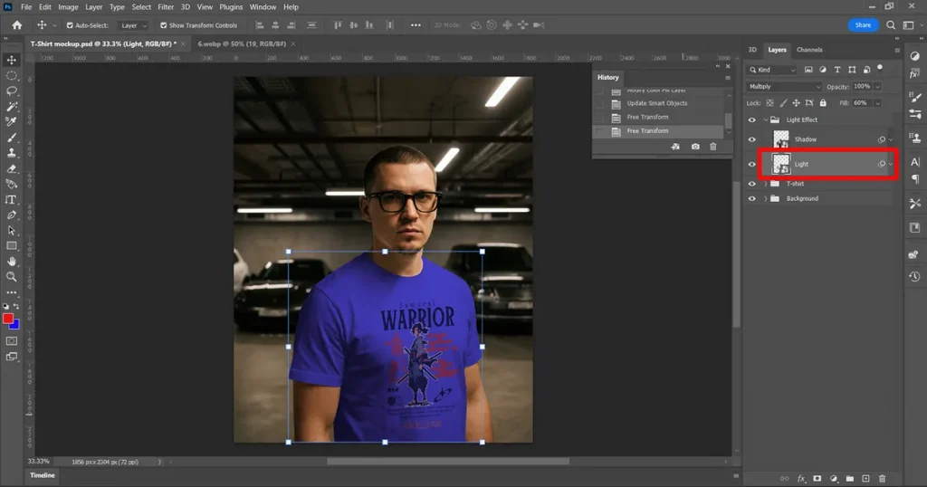 click on light layer in the PSD t-shirt mockup