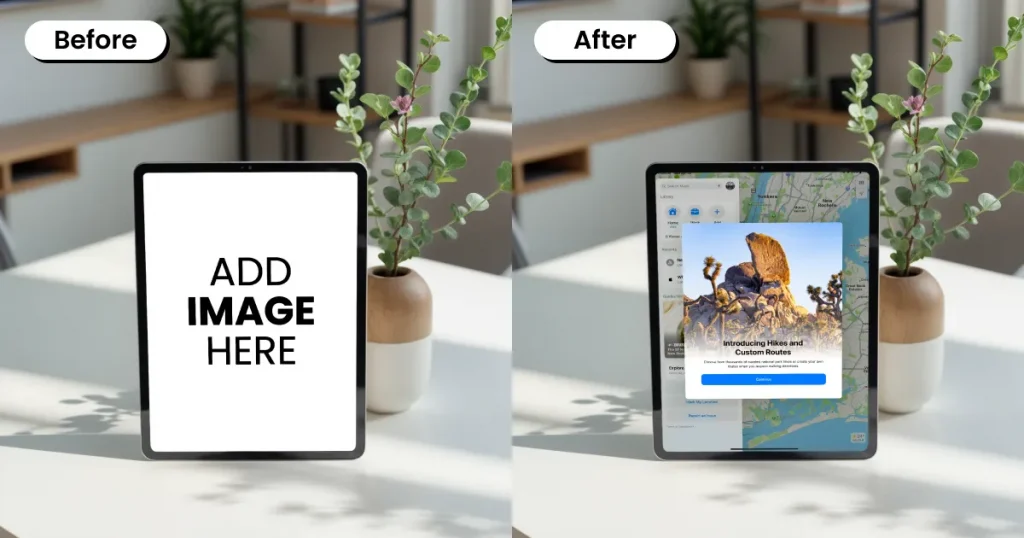 Front view iPad mockup with a potted plant