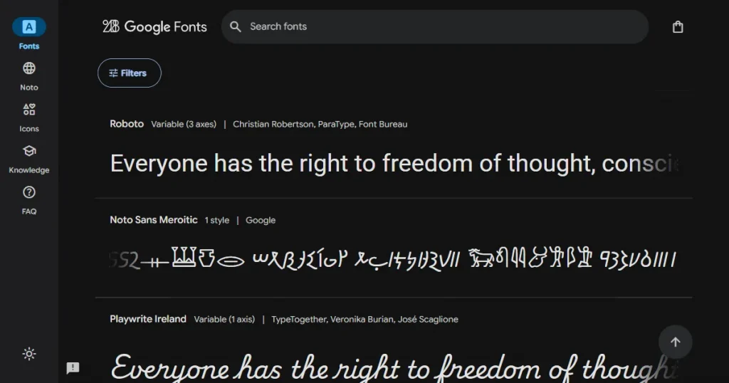 google fonts dashboard