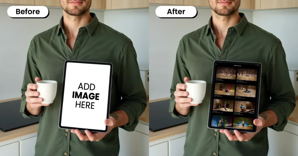 iPad mockup template of a person holding the iPad with a cup