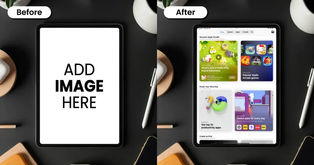 iPad mockup with earbuds