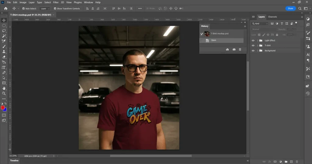 psd t shirt mockup file opened in photoshop