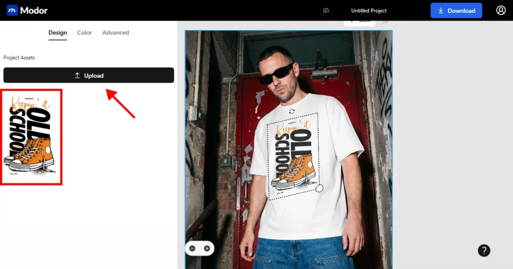 upload a t-shirt mockup design on modor
