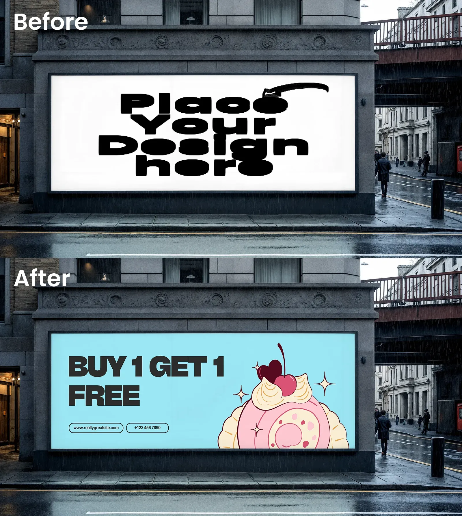 Rainy street Billboard Mockup