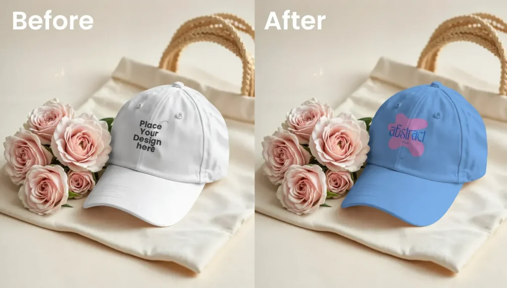Cap mockup and a bouquet of roses