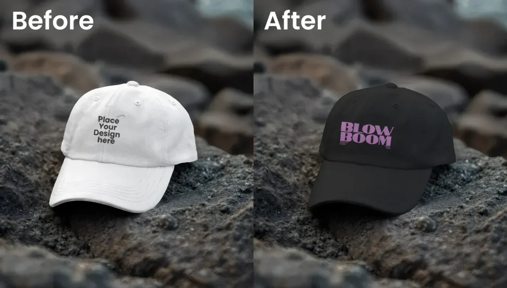 Cap mockup resting on dark, textured rocks