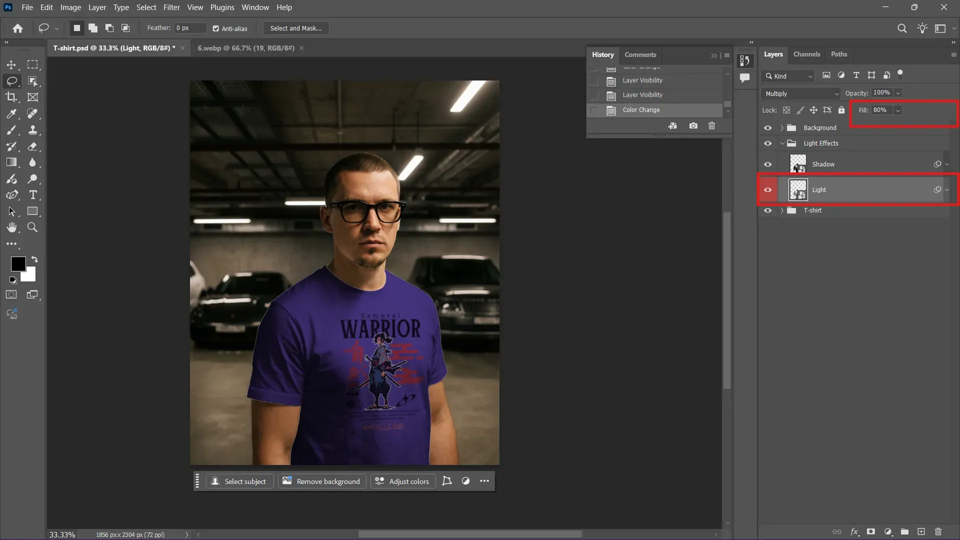 Click on Light layer in the PSD t-shirt mockup
