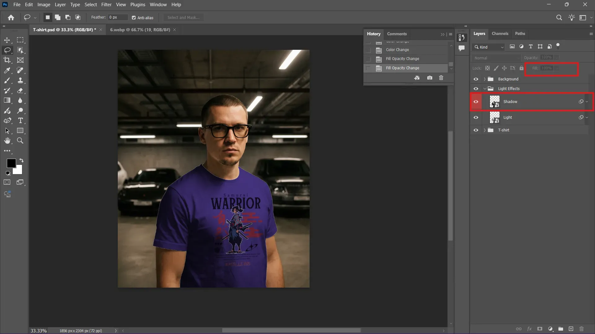 Click on Shadow layer in the PSD t-shirt mockup