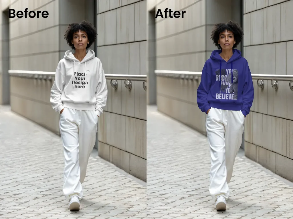 Women hoodie mockup on a street