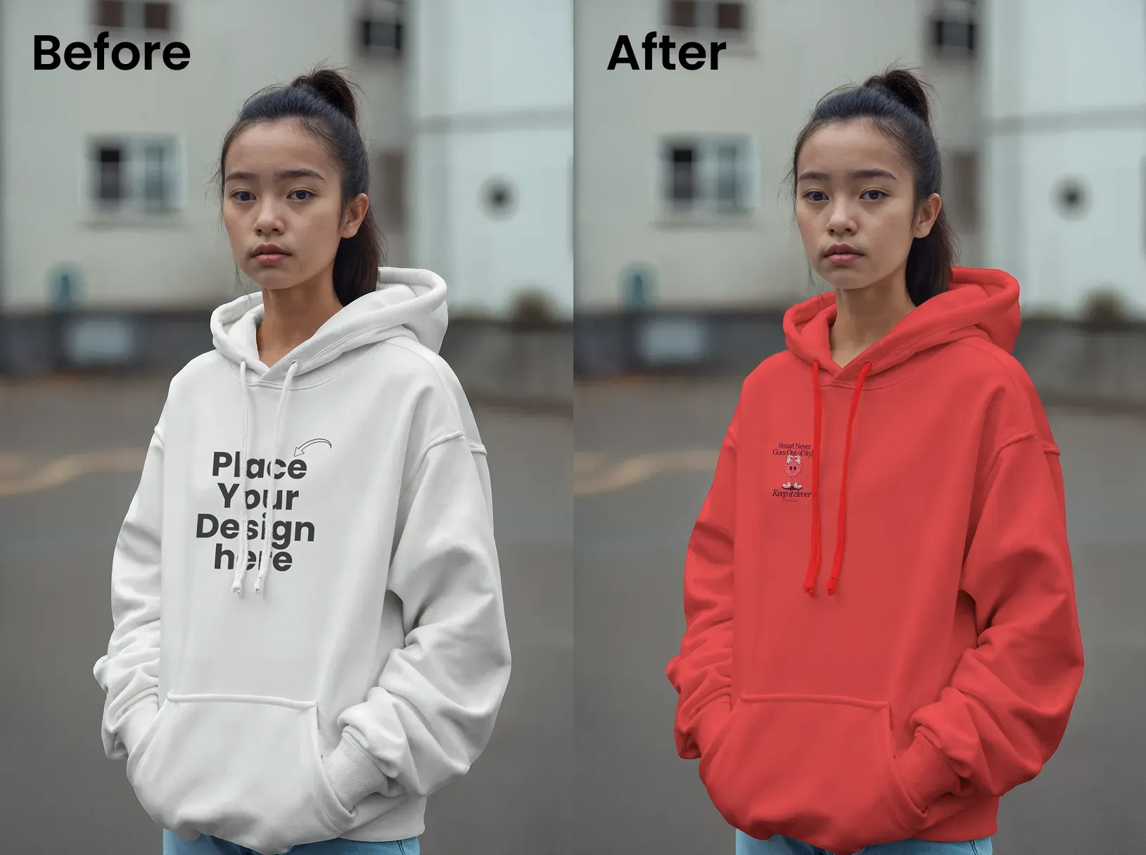 Female hoodie mockup in a street