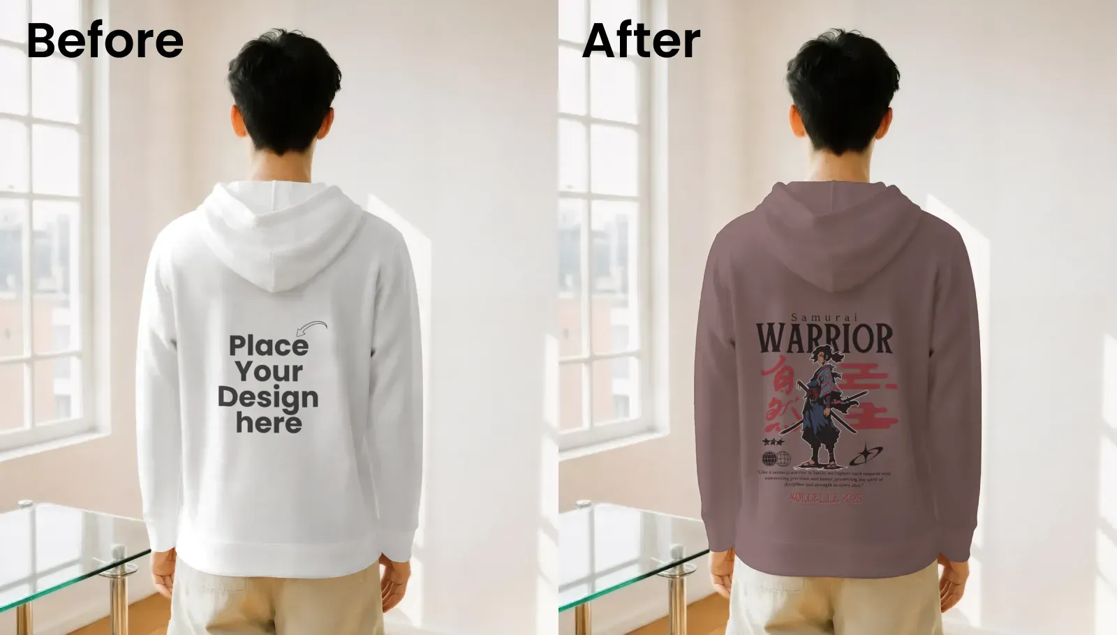 Man wearing a hoodie in a house mockup