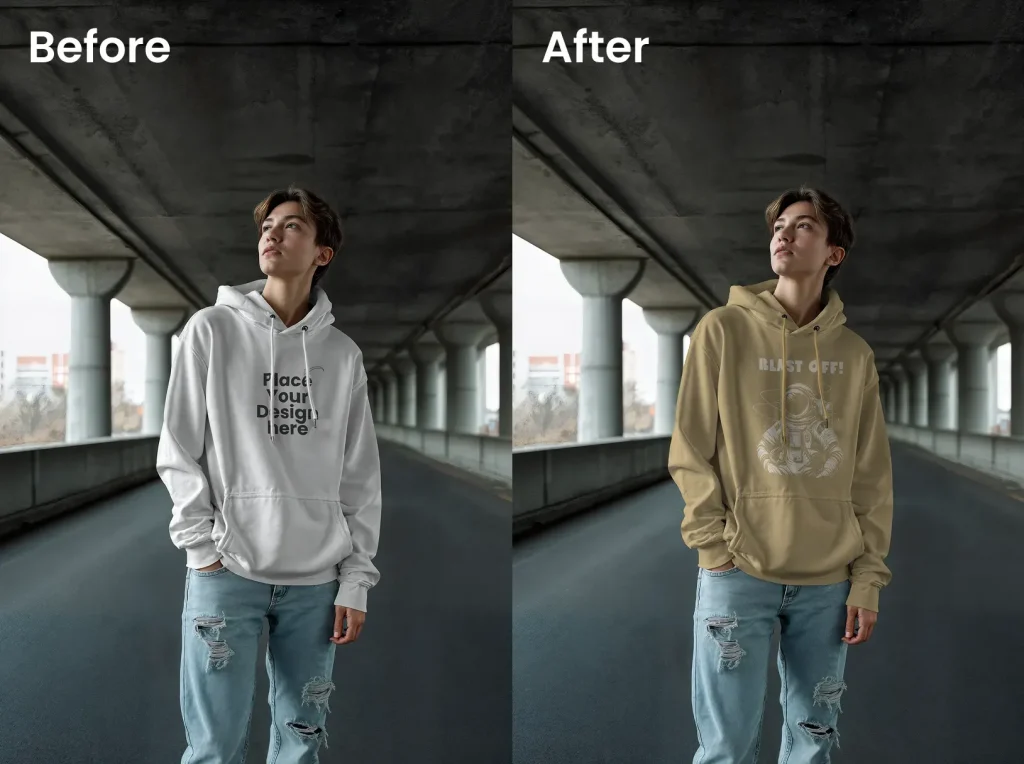 Male model under a bridge hoodie mockup