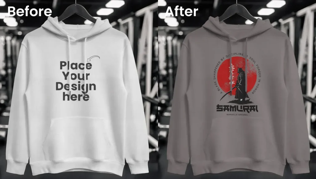 Hanging hoodie mockup in a gym