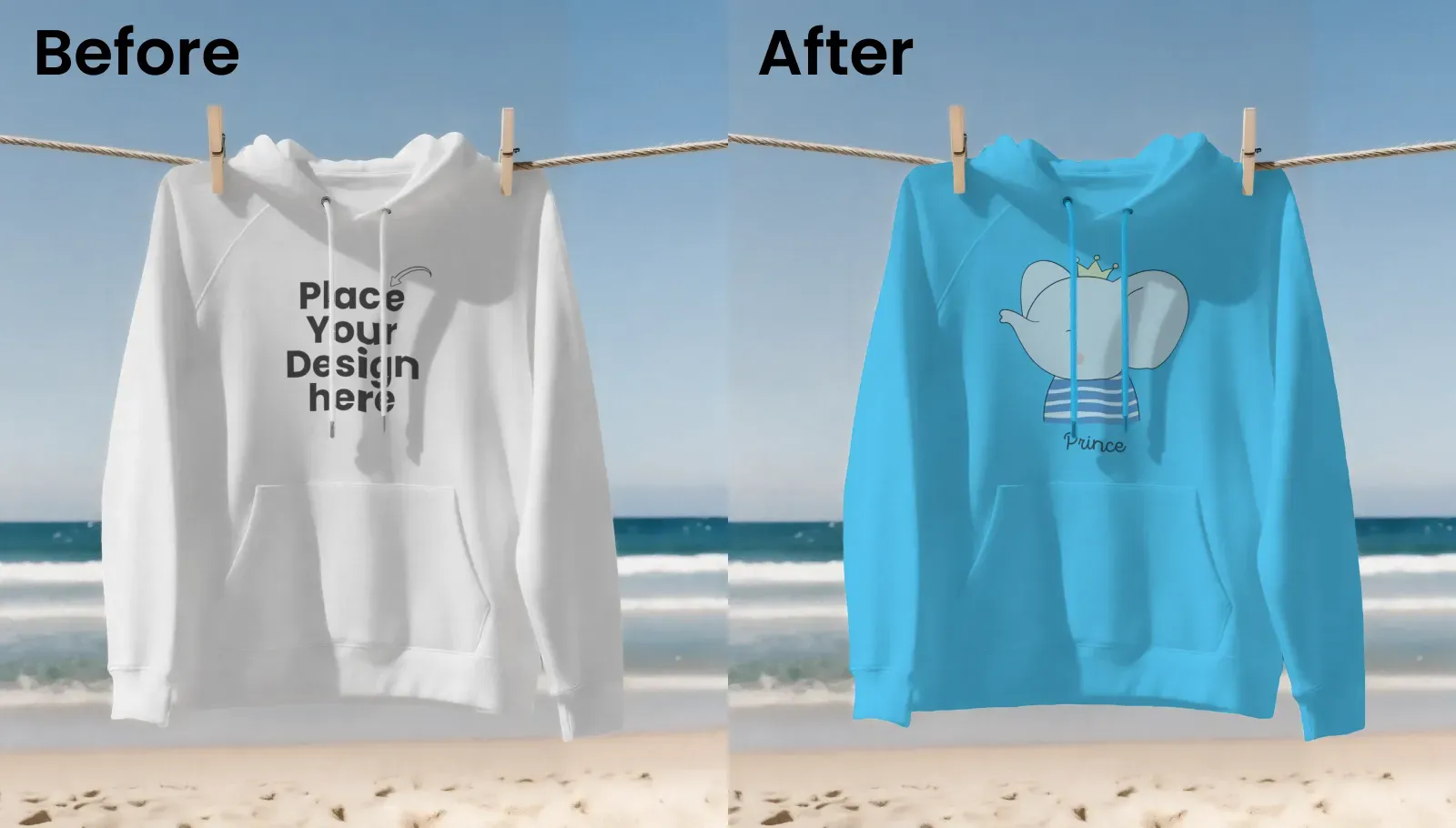 Hanging hoodie mockup on a beach