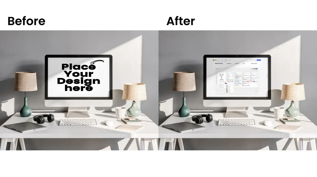 iMac mockup with notebooks and lamps