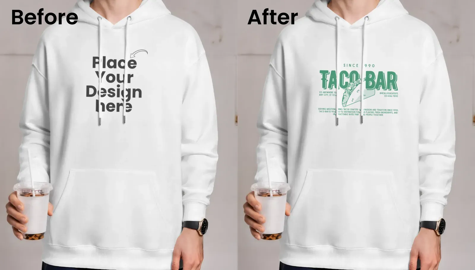 Male oversized hoodie mockup with a drink