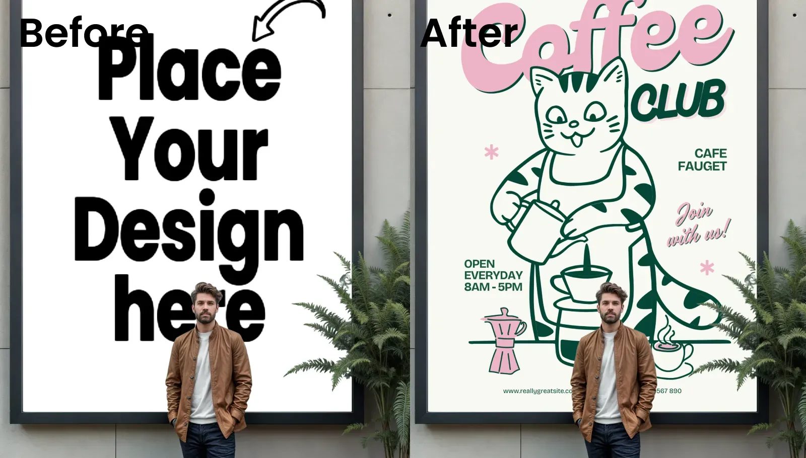 Minimalist Billboard mockup outside a cafe