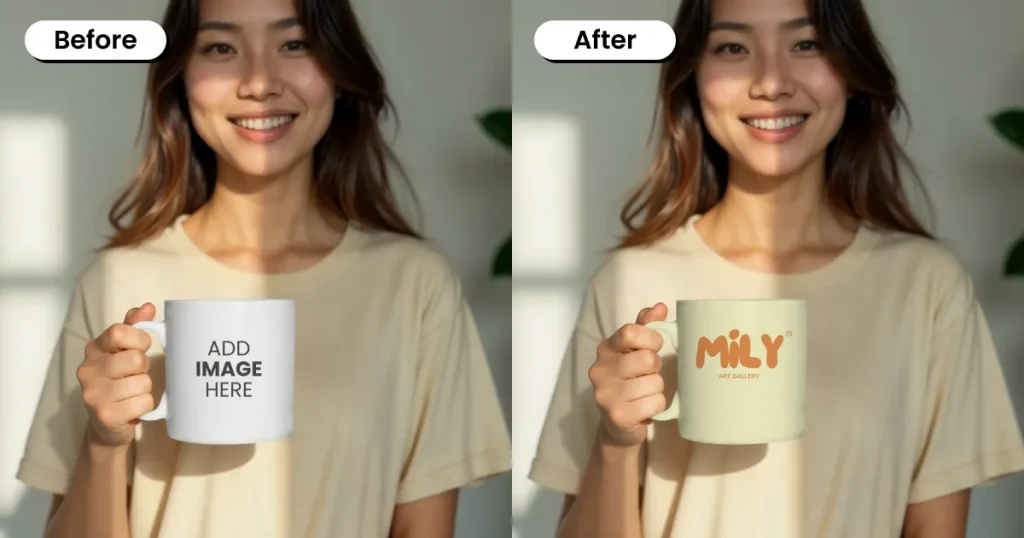 Model posing with a mug mockup