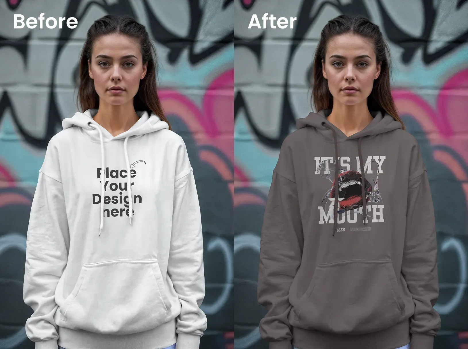 Female model front-view hoodie mockup