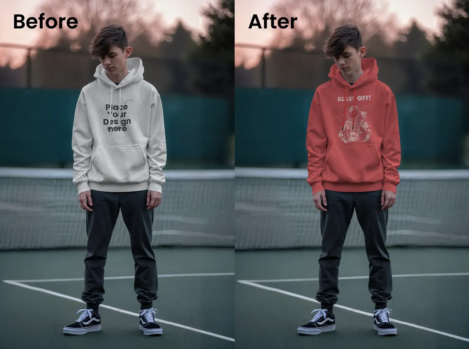 Male model in a tennis court hoodie mockup