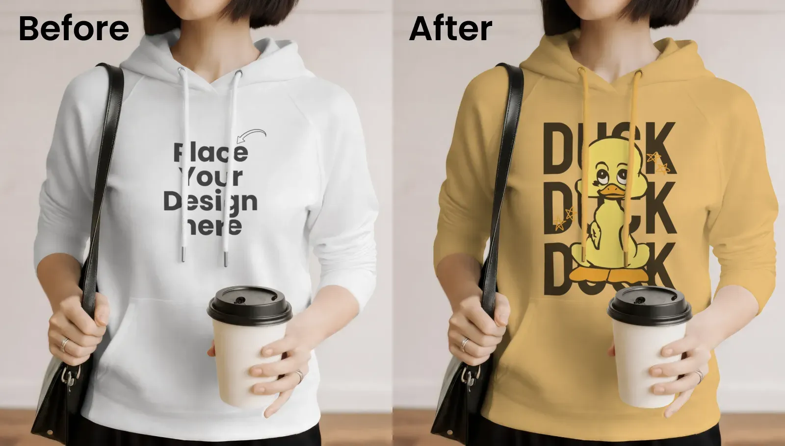Female model holding coffee hoodie mockup