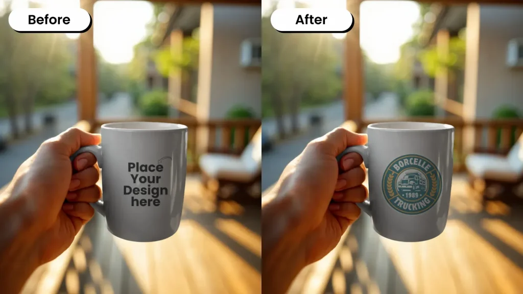 Person holding a mug on their deck