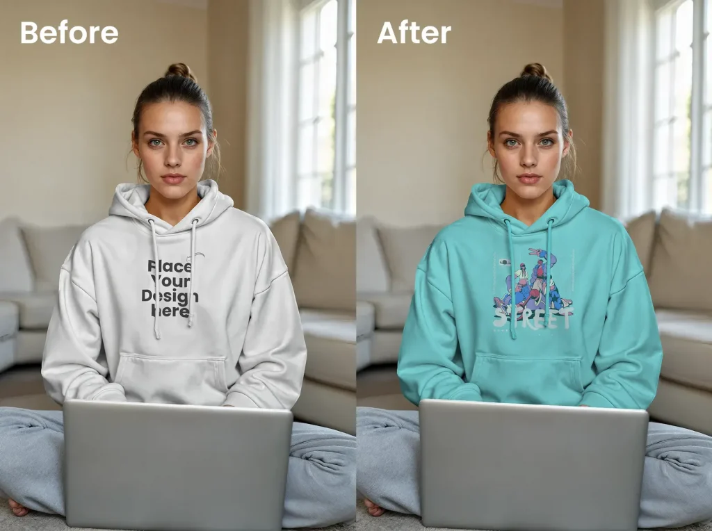 Hoodie mockup with person working on a laptop