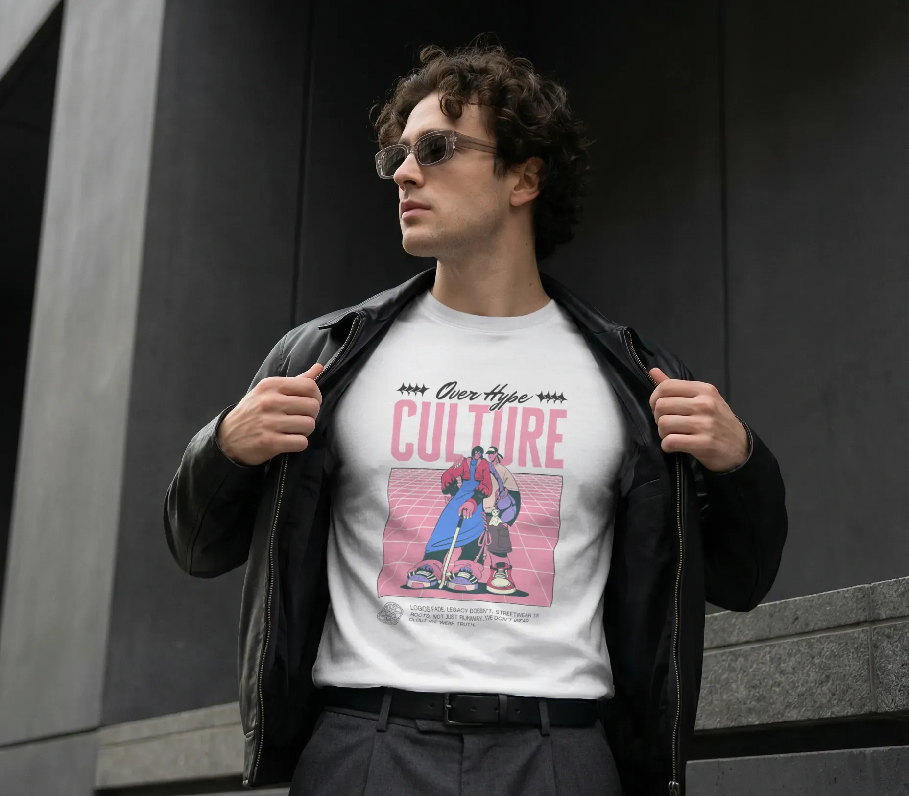 T-shirt mockup of a man in a black jacket