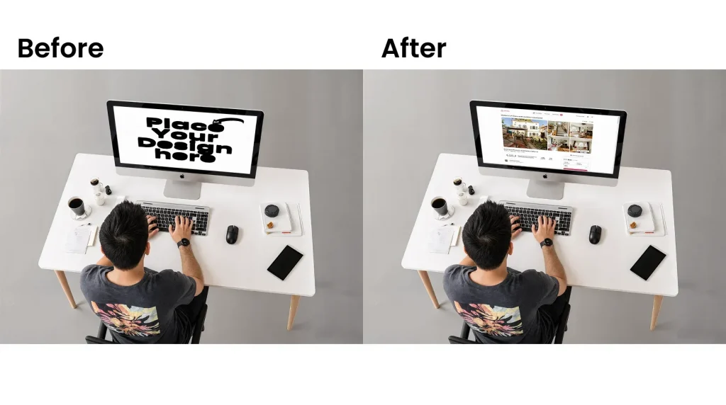Top angle view of iMac mockup featuring a person
