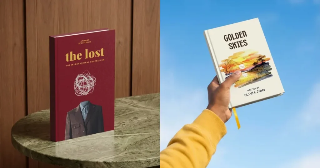Two 3d mockups, one on a marble table indoors, one held outdoors against a blue sky