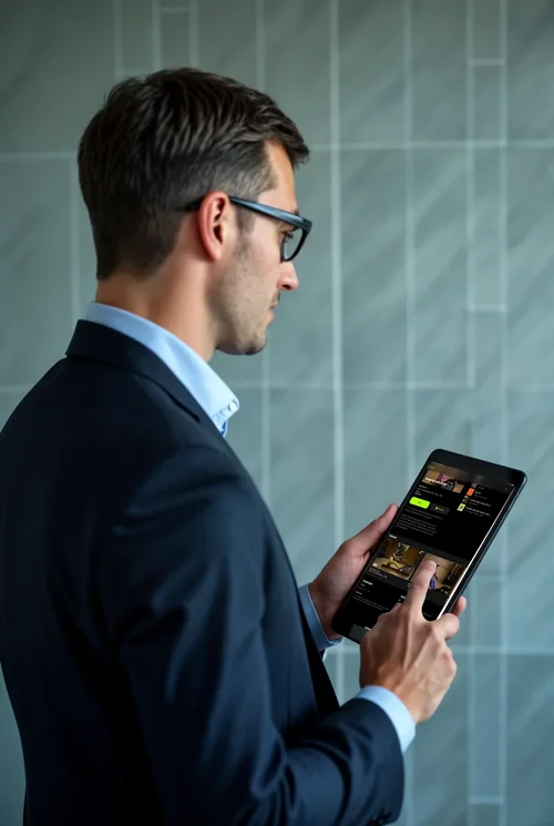 Businessman Holding iPad Mockups in Professional Attire