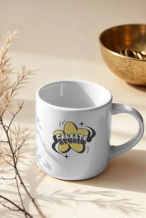 White Mug Mockup with Dried Flowers and Gold Bowl
