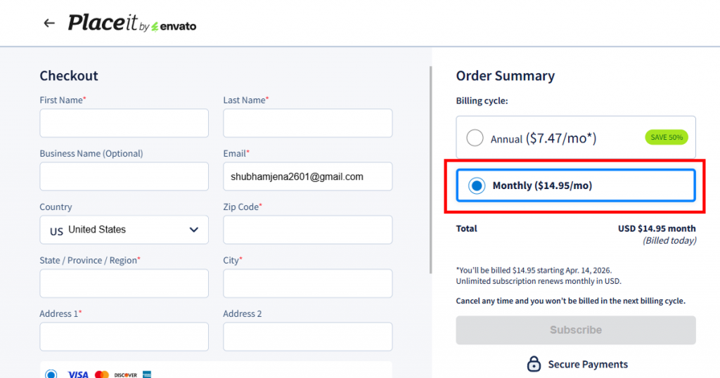 Placeit's pricing page