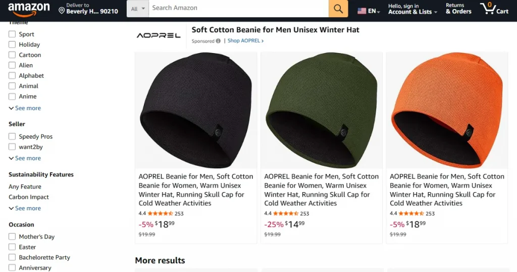 Beanie product listing on Amazon